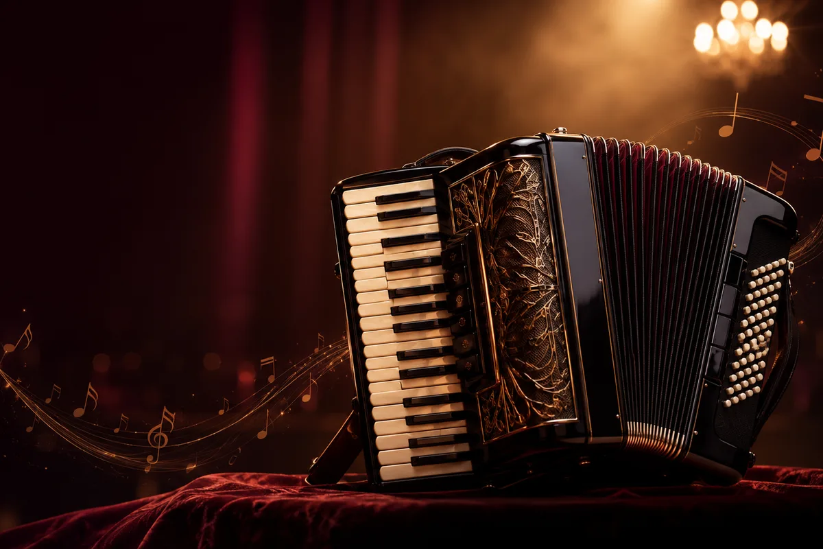 Színpadi fényben álló harmonika